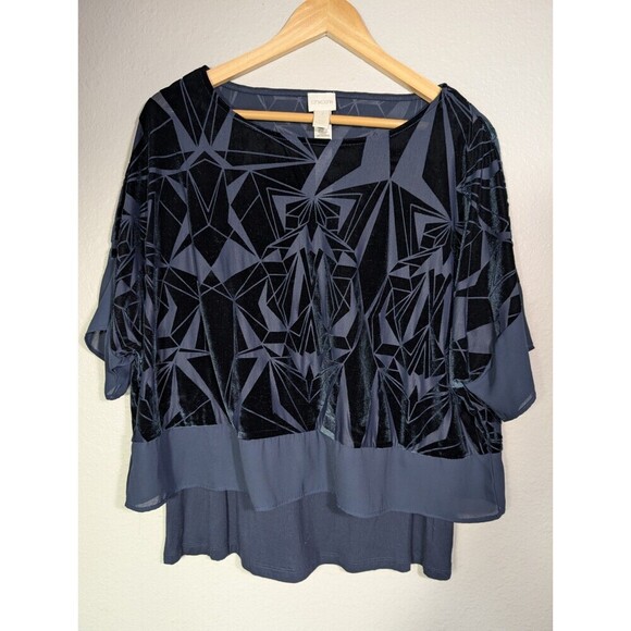 NWOT Chico's Navy Blue Velvet Jacquard Two In One Tiered Blouse Sz 1 Medium 120 - Picture 2 of 8